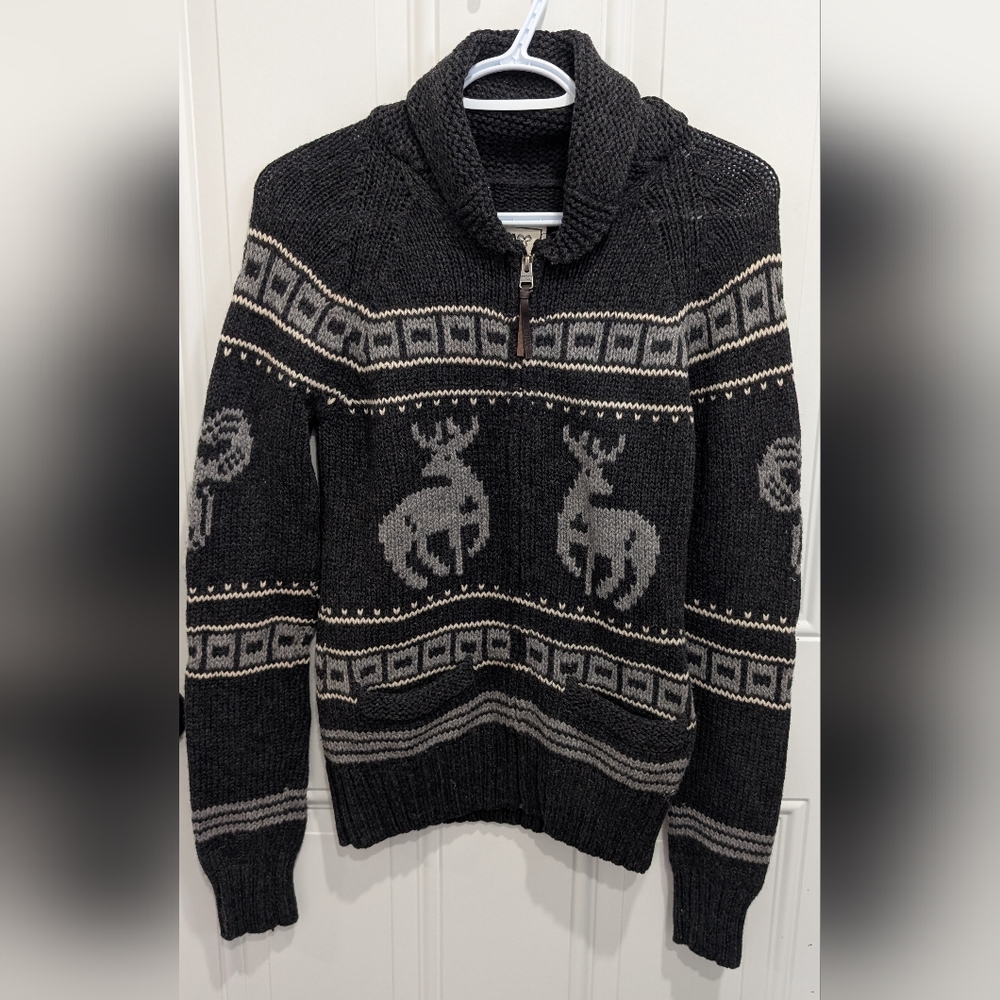 TNA Charcoal and Light Gray Deer Pattern Zip-Up Sweater Ptp 16"-19"